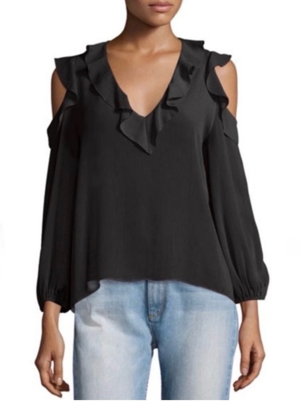 Alice + Olivia Gia Ruffle Cold Shoulder Blouse Size Large